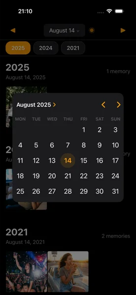 Ayer app calendar view showing photo memories from the same date