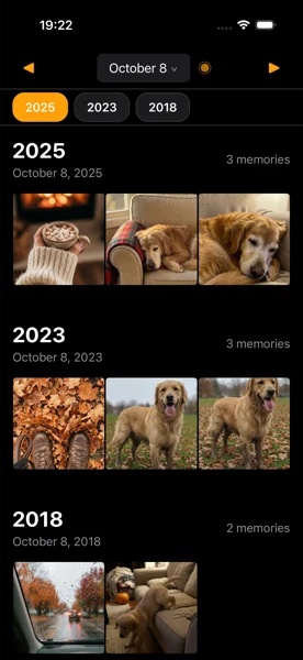 Ayer photo view with memories from one day across multiple years