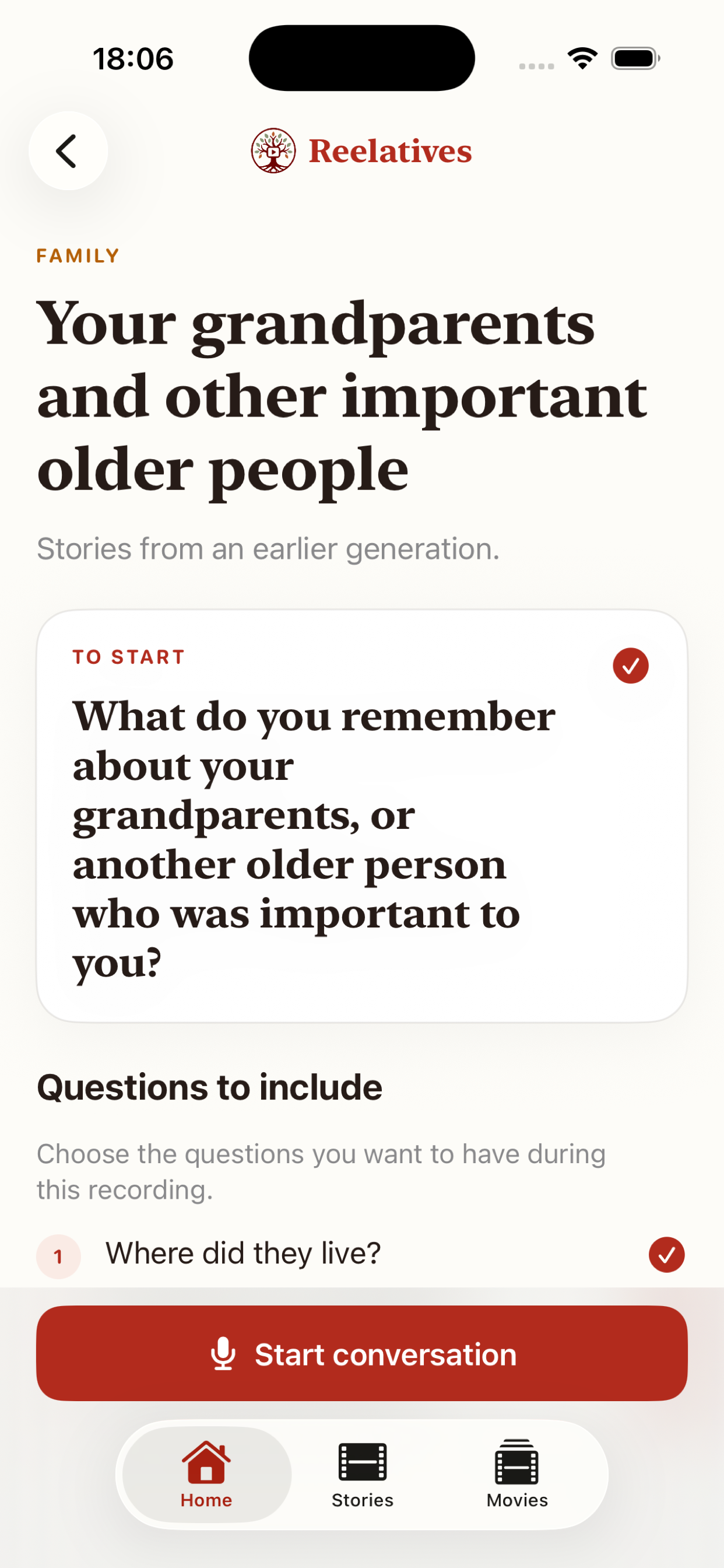 Reelatives screen for choosing questions before recording a family conversation