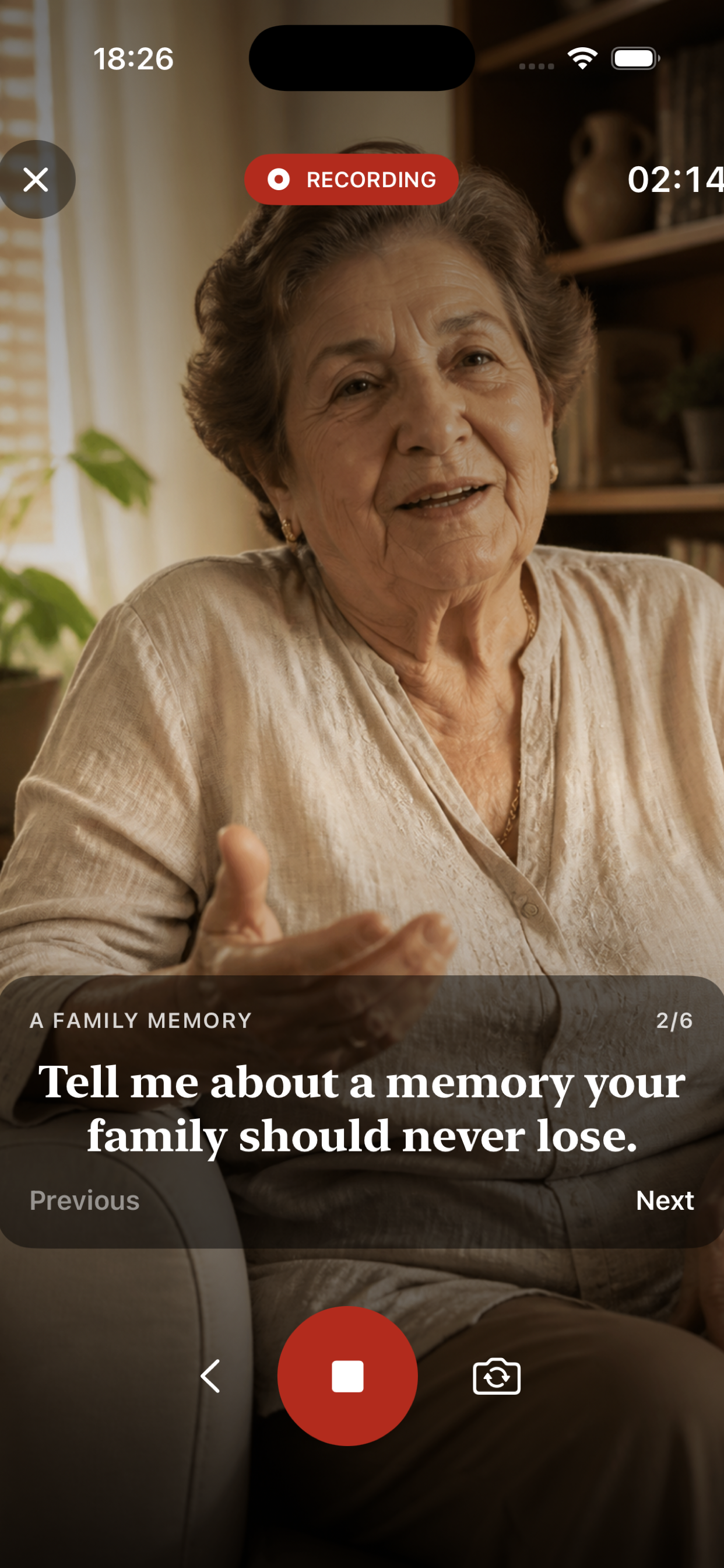 Reelatives recording screen showing a family conversation