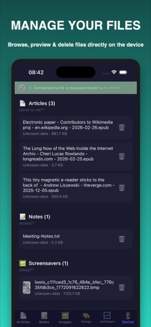 Device file manager showing articles, notes, and screensavers