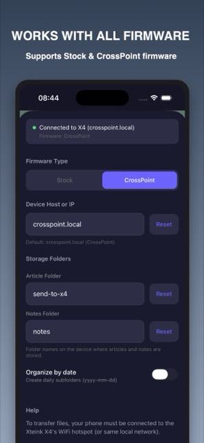 Settings screen with firmware and storage configuration